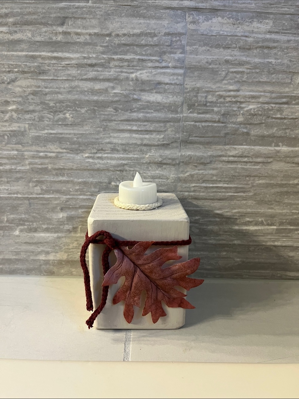 Rust Leaf Cream Wooden Candle Decor with Burgundy Tie